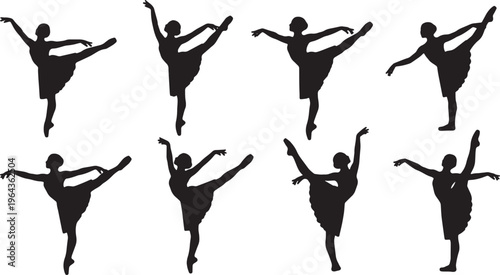Black Solid Ballet Battement Tendu Jete Silhouettes Set of Six on White Background