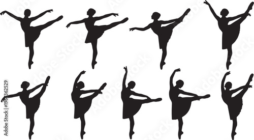 Black Solid Ballet Battement Tendu Jete Silhouettes Set of Six on White Background