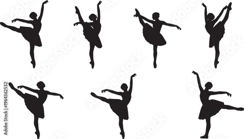 Black Solid Ballet Battement Tendu Jete Silhouettes Set of Six on White Background