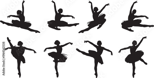 Black Solid Ballet Assemble Jete Battu Silhouettes Set of Six on White Background