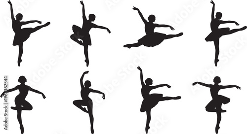 Black Solid Ballet Assemble Jete Battu Silhouettes Set of Six on White Background