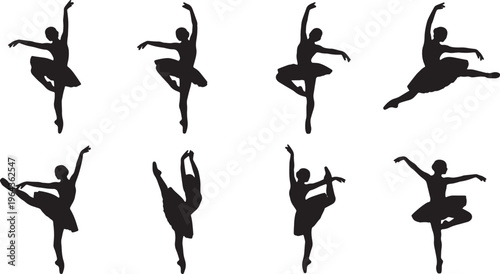 Black Solid Ballet Assemble Jete Battu Silhouettes Set of Six on White Background