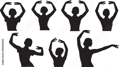 Black Solid Ballet Port de Bras Epaulement Silhouettes Set of Six on White Background