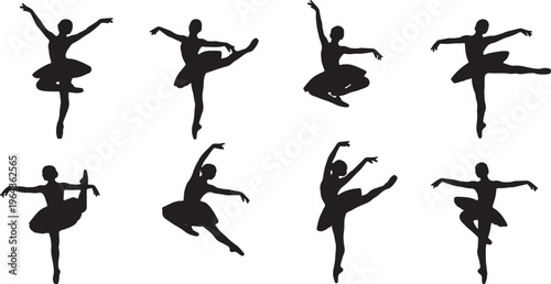 Black Solid Ballet Assemble Jete Battu Silhouettes Set of Six on White Background