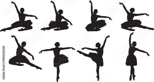 Black Solid Ballet Changement Entrechat Silhouettes Set of Six on White Background