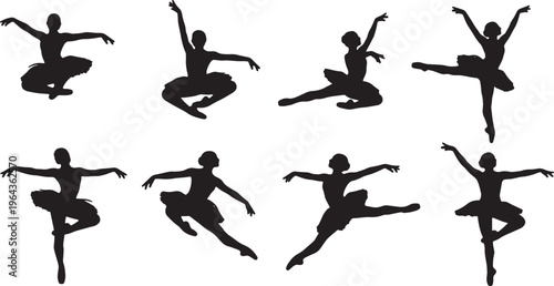Black Solid Ballet Changement Entrechat Silhouettes Set of Six on White Background