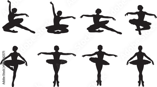 Black Solid Ballet echappe Soubresaut Silhouettes Set of Six on White Background