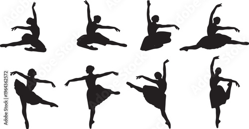 Black Solid Ballet Changement Entrechat Silhouettes Set of Six on White Background