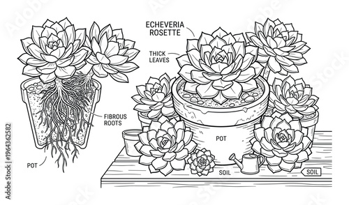 Echeveria Rosette succulent plant vector illustration with thick leaves and fibrous roots in pots with soil