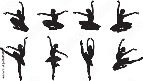 Black Solid Ballet echappe Soubresaut Silhouettes Set of Six on White Background