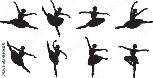 Black Solid Ballet echappe Soubresaut Silhouettes Set of Six on White Background