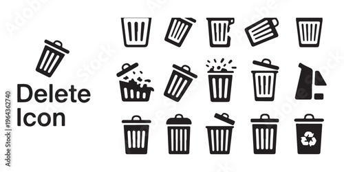 Set of black delete icons on white background, different designs of trash can, rubbish bin vector illustration.