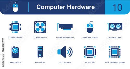 Computer hardware icon set. Containing computer chip, cooling fan, computer monitor, mouse, graphics card, hard drive, loud speaker, microchip processor and more. Solid fill vector icons.