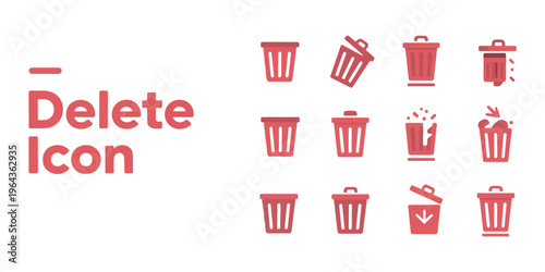 Set of red delete icons on white background, different designs of trash can, rubbish bin vector illustration.