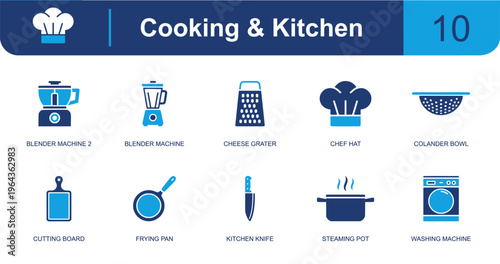 Cooking and kitchen icon set containing blender, grater, chef hat, colander, cutting board, frying pan, kitchen knife, cooking pot, kitchen appliance and more, solid fill vector icons.