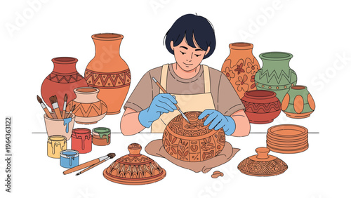 Artisan in Action: An artisan, engrossed in their craft, meticulously carves intricate designs onto a pottery piece, surrounded by tools and completed works.