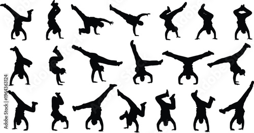 Breakdance silhouette collection, dynamic acrobatic poses, handstand flip moves, street dance icon, vector illustration, hip hop design, energetic motion art