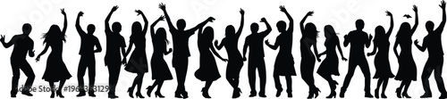 Dancing silhouette collection, party celebration poses, people enjoying music, vector illustration, social gathering icon, festive design, energetic movement art