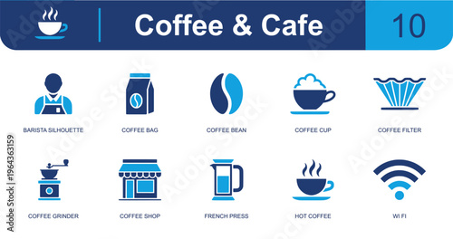 Coffee and cafe icon set. Containing barista silhouette, coffee bag, coffee bean, coffee cup, paper filter, grinder, coffee shop, French press, hot coffee and more. Solid fill vector icons.