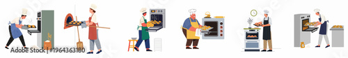 Set of professional male and female bakers baking bread and pastries in various commercial ovens, modern flat vector illustration.