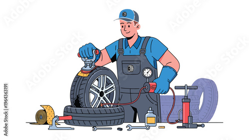 Tire Maintenance: A skilled mechanic meticulously repairs a tire in a garage, showcasing dedication to the craft and precision in automotive care.