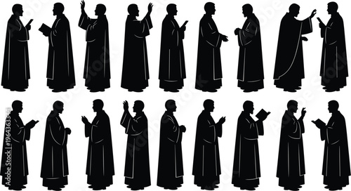 Robed silhouette collection, ceremonial figures, religious icon poses, vector illustration, spiritual design, ritual gesture art, cultural ceremony graphic outline