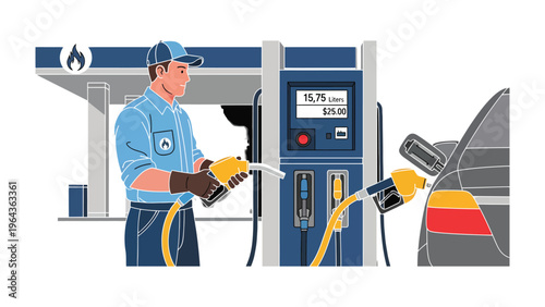 Gas Station Service: A gas station attendant expertly refuels a car, set against a backdrop of modern service station, symbolizing convenience and mobility.