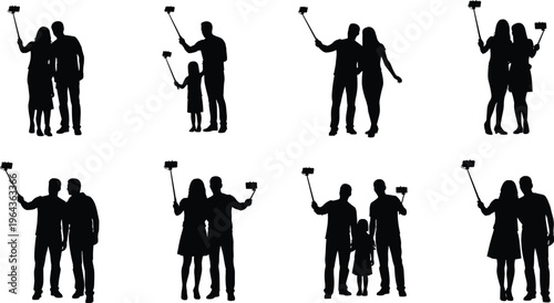 Selfie silhouette collection, people with selfie sticks, couple family poses, vector illustration, modern photography icon, social interaction design graphic