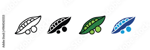 Fresh green pea pod for healthy organic vegetable, farm market and vegetarian cooking icon set. Natural plant-based food and legume symbol. Vector Illustration.