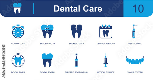 Dental care icon set. Containing alarm clock, braced tooth, broken tooth, dental calendar, dental drill, dental timer, electric toothbrush, syringe and more. Solid fill vector icons.