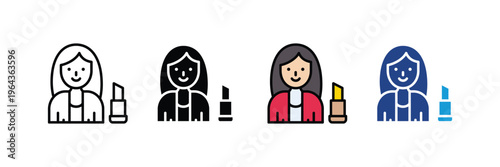woman with lipstick for makeup artist beauty salon, fashion cosmetics and female character avatar icon set. Personal care and grooming symbol. Vector Illustration.