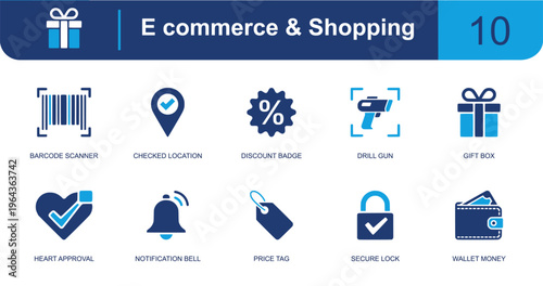 E commerce and shopping icon set containing barcode scanner, checked pin, discount badge, gift box, notification bell, price tag, secure lock, wallet and more, solid fill vector icons.