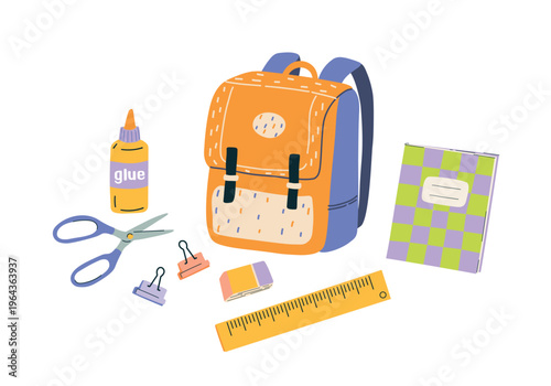 An orange school backpack with stationery, including a notebook, scissors, glue, a ruler, an eraser, and a paper clip. Study essentials. School supplies concept.
