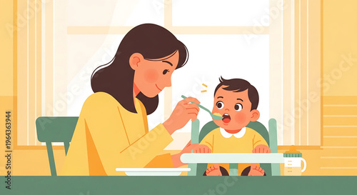 A heartwarming illustration depicting a loving mother gently feeding her happy baby in a high chair, capturing a precious moment of nurture and family bonding during mealtime