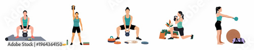 Set of Minimalist Illustrations Showing a Woman Performing Various Kettlebell Exercises Including Squats, Lunges, Presses, and Swings for Fitness and Strength Training.