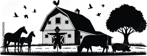 Black and white farm silhouette illustration with barn, scarecrow, rooster, livestock animals, tree, and flying birds