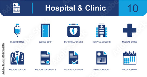 Hospital and clinic icon set. Containing IV bag, closed door, defibrillator, hospital building, medical cross, doctor, medical file, report, calendar and more. Solid fill vector icons.