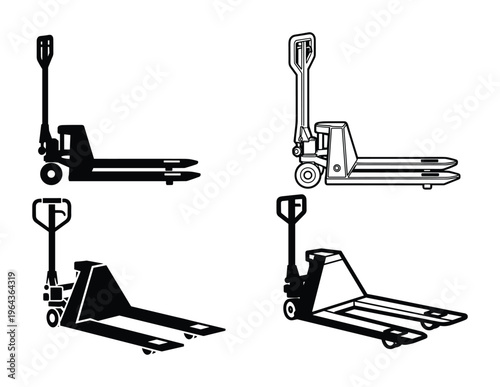 Hand pallet trucks vector set. Manual forklift outlines with wheels and handle for warehouse, logistics and delivery.