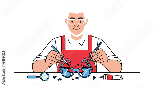 Eye-Catching Fix: A skilled individual meticulously repairs broken eyeglasses.