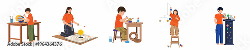 Collection of children creating DIY solar system models and learning about astronomy through creative science projects