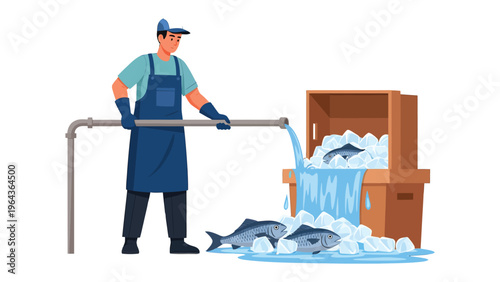 Fresh Catch Handling: A worker is seen with the fresh catch and chilling them in ice to keep their freshness in a modern factory setting. The image portrays the freshness.