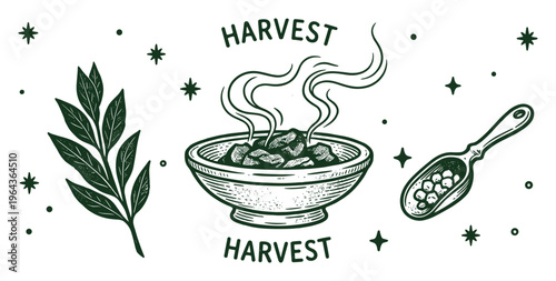 Harvest bowl illustration with steam, scoop, leaf, and stars vector design