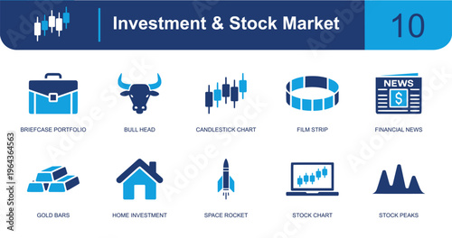 Investment and stock market icon set. Containing briefcase, bull head, candlestick chart, news, gold bars, home, rocket, stock chart, market peaks and more. Solid fill vector icons.