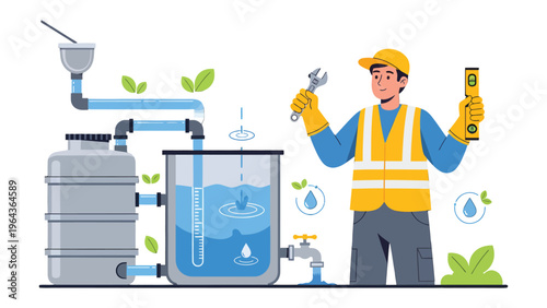 Rainwater Harvest System: A skilled technician diligently installs a rainwater harvesting system, promoting sustainability and conservation.