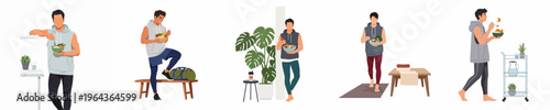 Flat vector illustration set of a young athletic man in sportswear eating healthy meals in various home and gym settings.