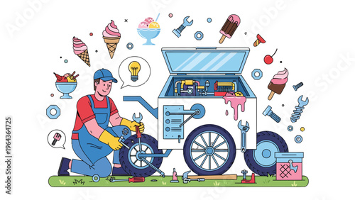 Ice Cream Cart Repair: An illustration captures the moment of ice cream cart repair, a craftsman is fixing the cart, surrounded by tools and ice cream treats, showcasing a creative scene.