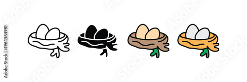 Bird nest with eggs for nature wildlife, spring season and biological reproduction icon set. Natural home and animal habitat symbol. Vector Illustration.