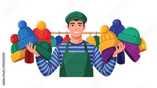 Warm Knitted Accessories Display: A friendly vendor showcases a vibrant assortment of woolen hats, displaying an array of colors and designs. This colorful collection suggests warmth, comfort.