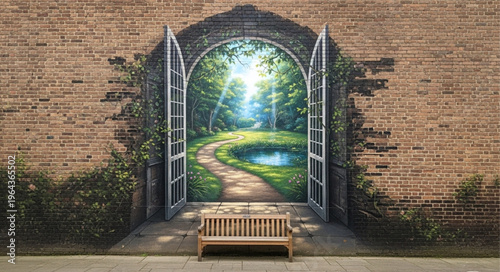 Wooden Bench in Brick Archway.