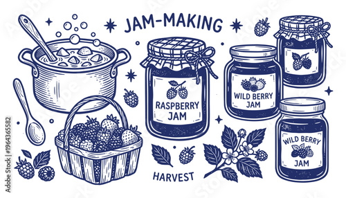 Jam-making illustration featuring raspberry and wild berry jam in jars, a pot, spoon, and basket filled with berries.